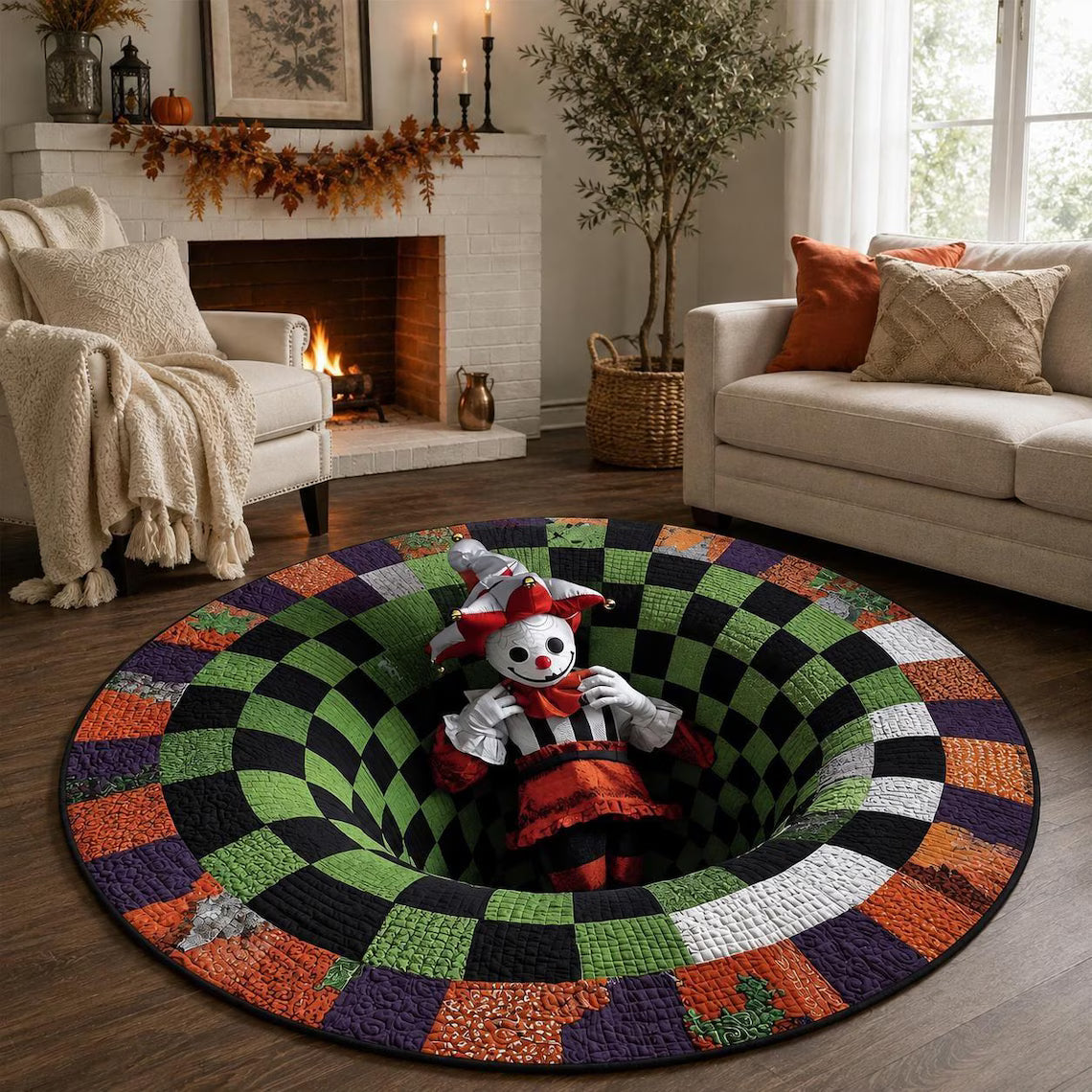 Creepy Jester 3D Illusion Rug, Halloween Clown Round Area Rug, Spooky Checkerboard Floor Mat, Gothic Horror Home Decor, Creepy Gift