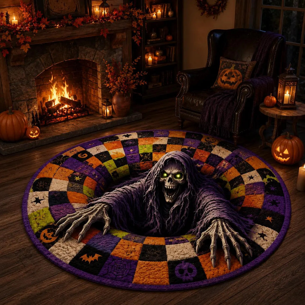 Halloween 3D Illusion Round Rug, Skeleton Vortex Foldable Floor Mat, Spooky Horror Area Rug, Gothic Living Room Decor Gift