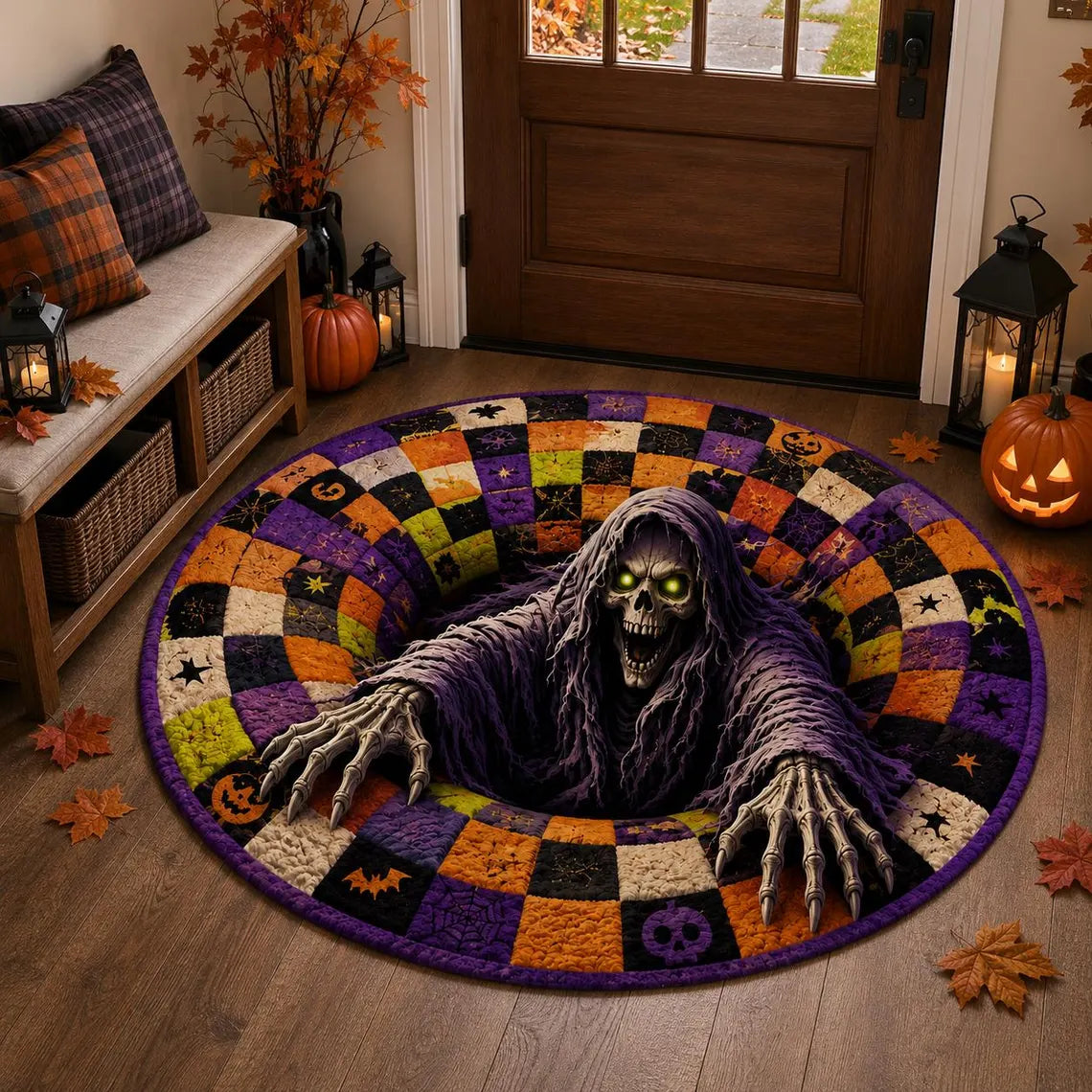 Halloween 3D Illusion Round Rug, Skeleton Vortex Foldable Floor Mat, Spooky Horror Area Rug, Gothic Living Room Decor Gift