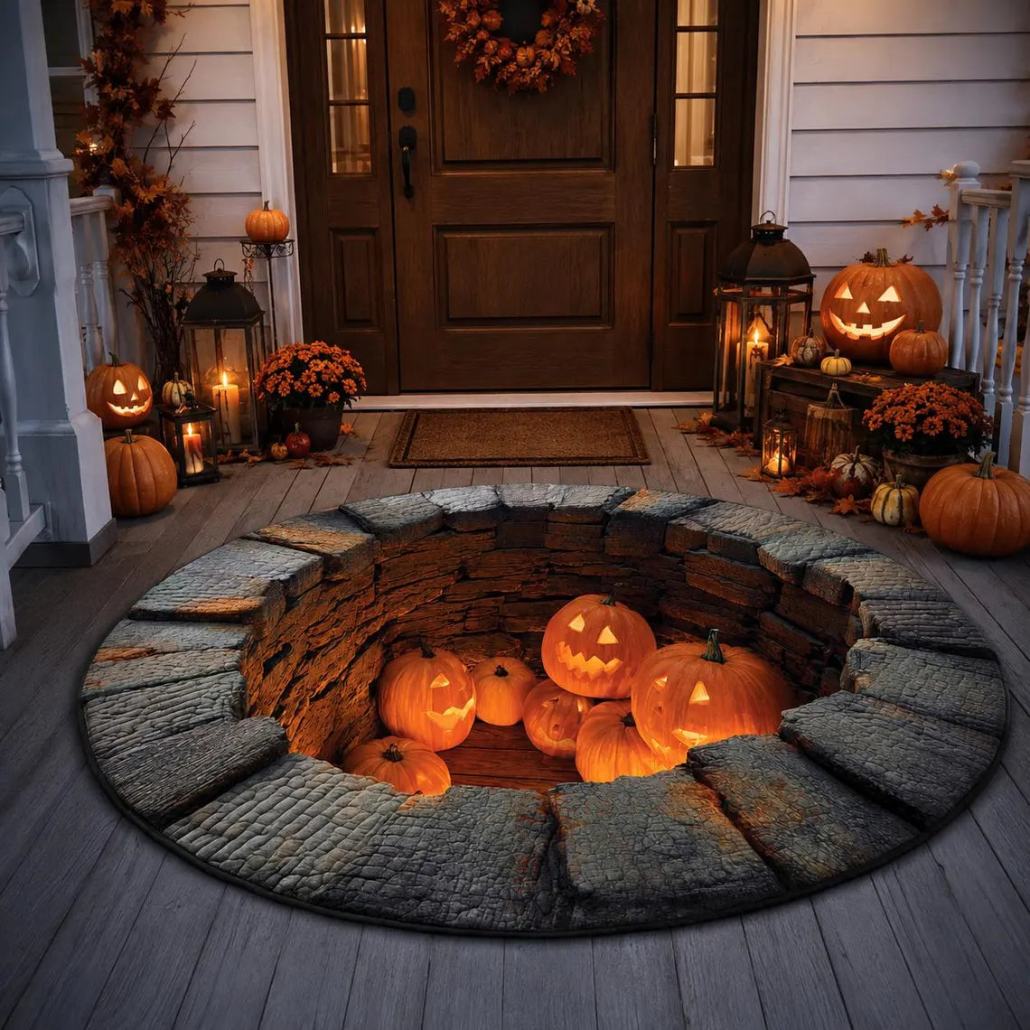 Halloween Pumpkin 3D Illusion Rug, Jack O Lantern Pit Round Rug, Spooky Well Floor Mat, Haunted House Decor