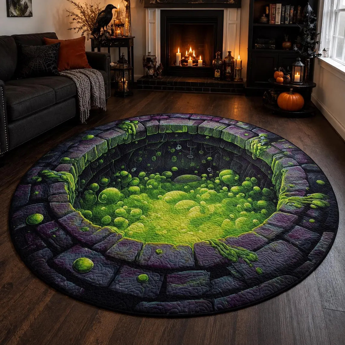 Halloween Slime Pit 3D Illusion Rug, Toxic Green Ooze Round Area Rug, Creepy Dungeon Floor Mat, Spooky Gothic Home Decor
