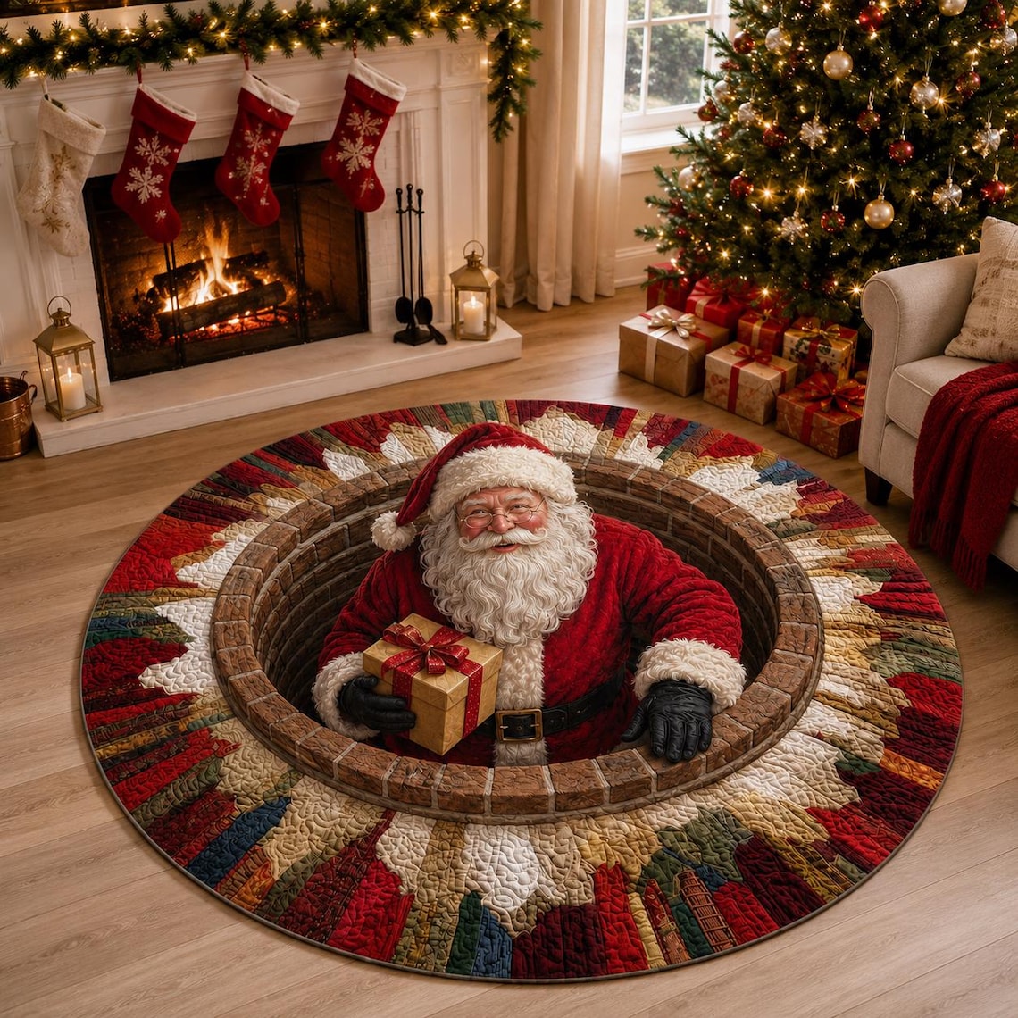 Christmas Santa 3D Round Rug, Christmas Vortex Optical Illusion Floor Mat, Non Slip Xmas Home Decor, Christmas Gift for Family