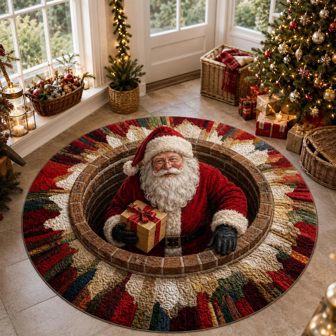 Christmas Santa 3D Round Rug, Christmas Vortex Optical Illusion Floor Mat, Non Slip Xmas Home Decor, Christmas Gift for Family
