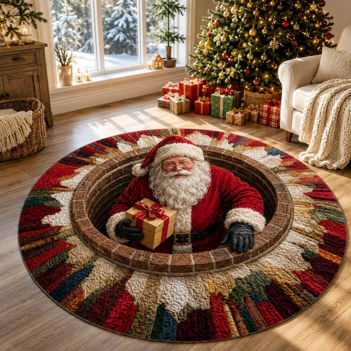 Christmas Santa 3D Round Rug, Christmas Vortex Optical Illusion Floor Mat, Non Slip Xmas Home Decor, Christmas Gift for Family