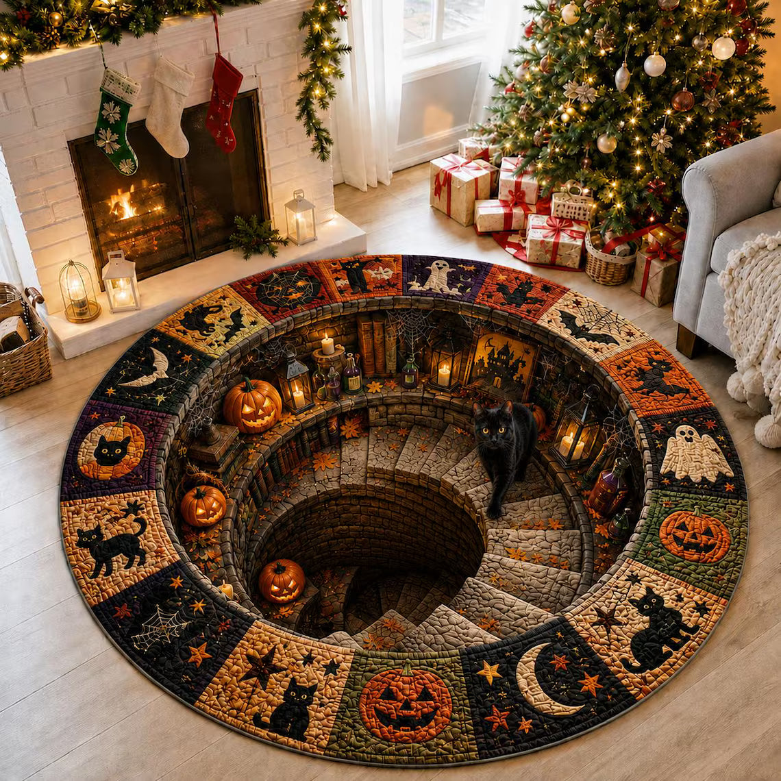 Halloween Black Cat Circle Rug, 3D Vortex Illusion Round Rug, Fall Autumn Leaves Spooky Decor, Witchy Floor Carpet Gift for Halloween