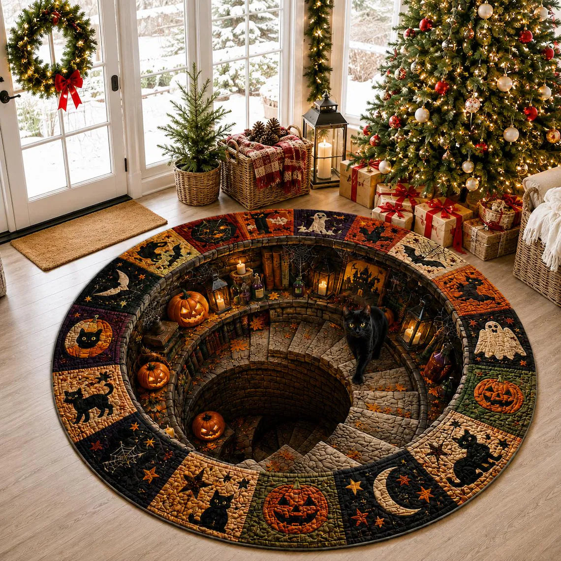 Halloween Black Cat Circle Rug, 3D Vortex Illusion Round Rug, Fall Autumn Leaves Spooky Decor, Witchy Floor Carpet Gift for Halloween