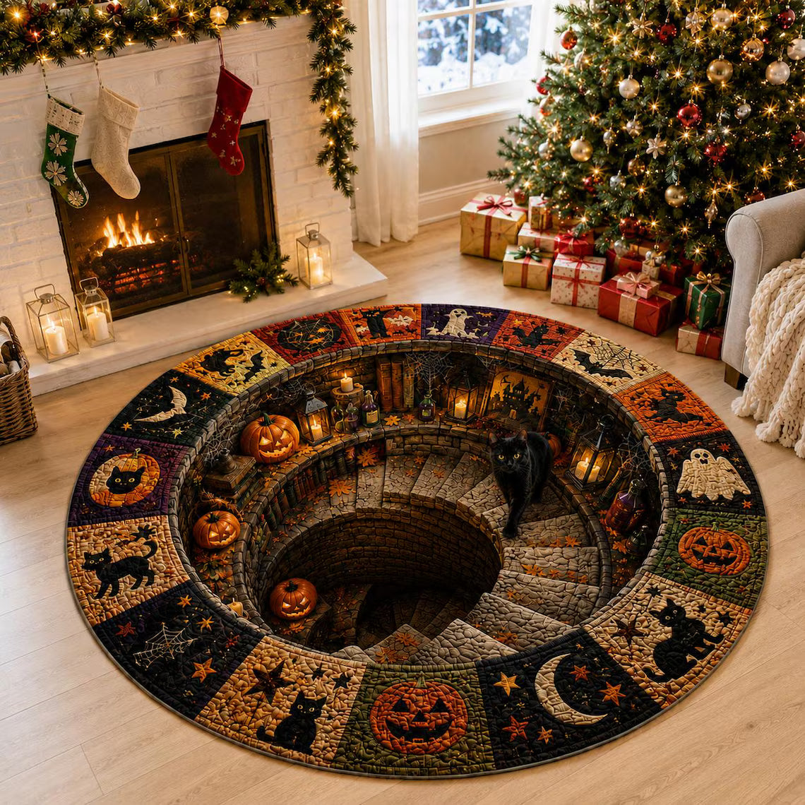 Halloween Black Cat Circle Rug, 3D Vortex Illusion Round Rug, Fall Autumn Leaves Spooky Decor, Witchy Floor Carpet Gift for Halloween