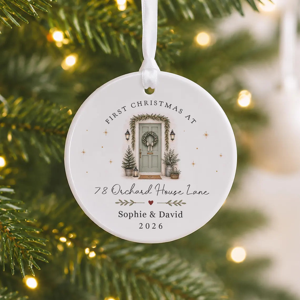 Personalised First Christmas in New Home Decoration, Road Name & Door Colour First Home Family Bauble Ornament Keepsake