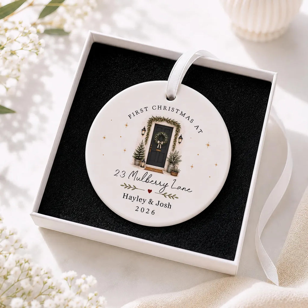 Personalised First Christmas in New Home Decoration, Road Name & Door Colour First Home Family Bauble Ornament Keepsake