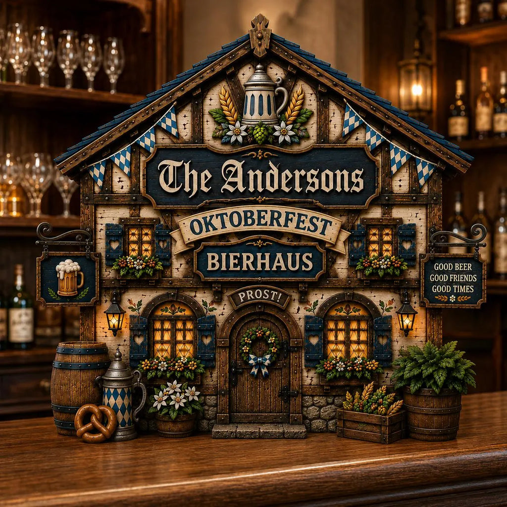 Personalized Oktoberfest Bierhaus Wooden Block, Bavarian Beer Hall Decor, Custom Family Name Shelf Sitter, German Beer Lover Gift