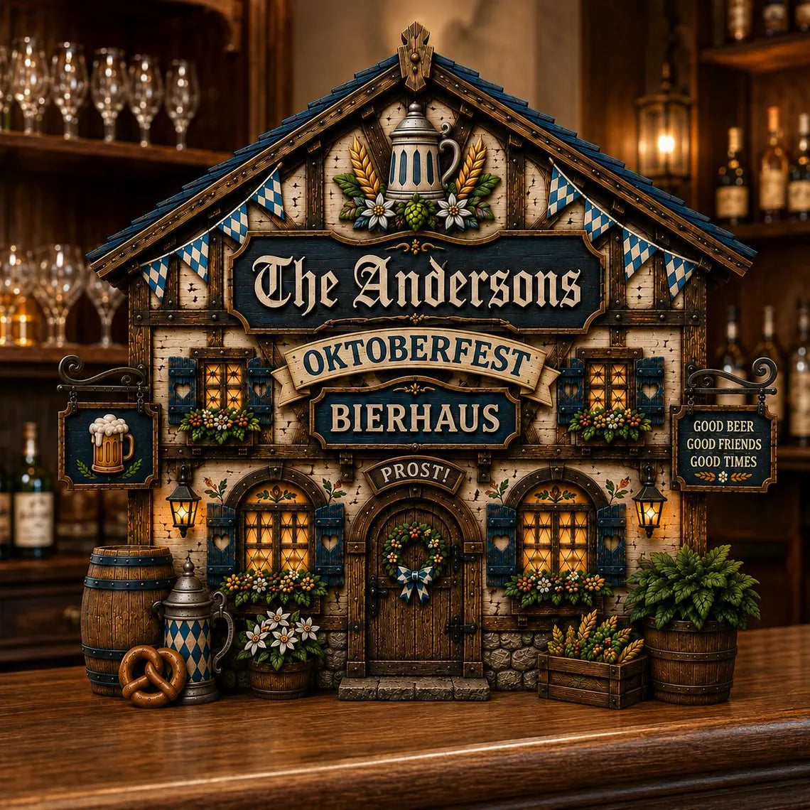 Personalized Oktoberfest Bierhaus Wooden Block, Bavarian Beer Hall Decor, Custom Family Name Shelf Sitter, German Beer Lover Gift