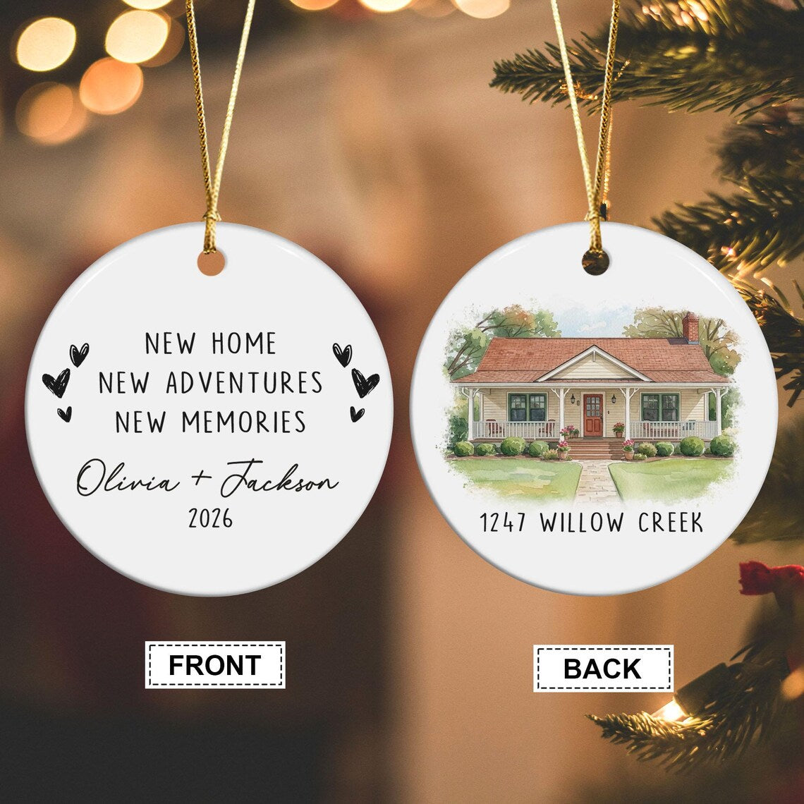 Personalized Watercolor New Home Photo Ornament,Custom House Address Ornament, Housewarming Gift, Realtor Client Gift, Couples Home Ornament