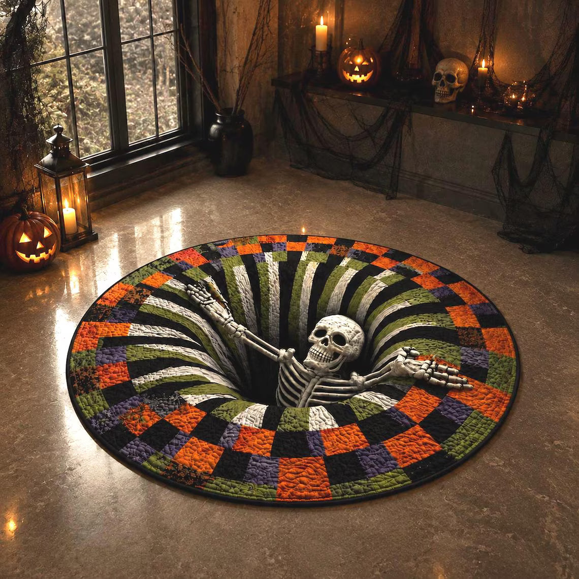 3D Skeleton Optical Halloween Illusion Rug, Round Spooky Floor Mat Gift, Goth Decor