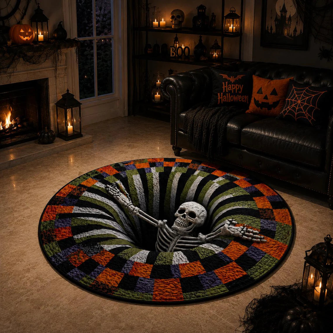 3D Skeleton Optical Halloween Illusion Rug, Round Spooky Floor Mat Gift, Goth Decor