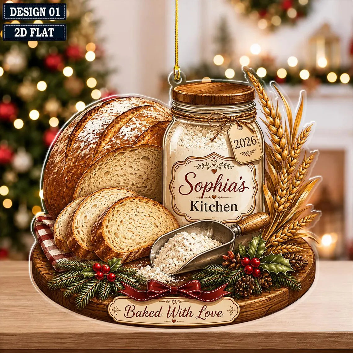 2D Flat Personalized Sourdough Kitchen Christmas Ornament, Custom Name Bread Baker Keepsake