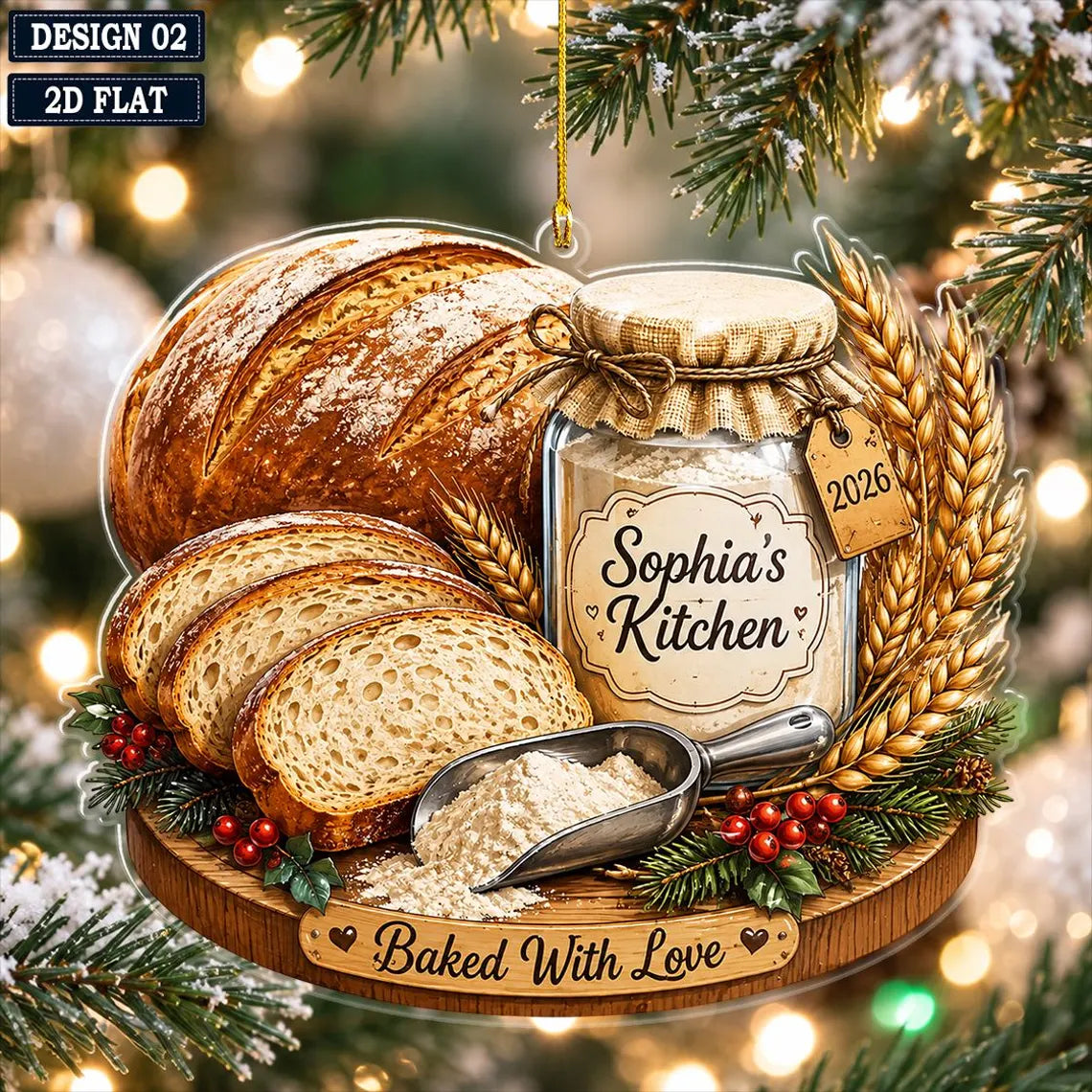 2D Flat Personalized Sourdough Kitchen Christmas Ornament, Custom Name Bread Baker Keepsake