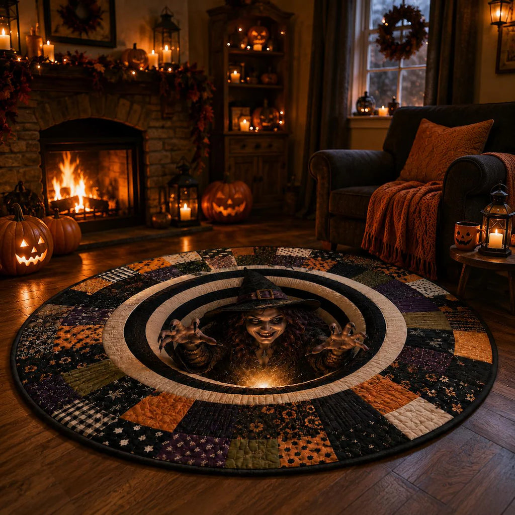 3D Print Witch Halloween Rug, Round Optical Illusion Area Rug, Spooky Witch Floor Mat, Haunted House Decor, Creepy Halloween Home Decor