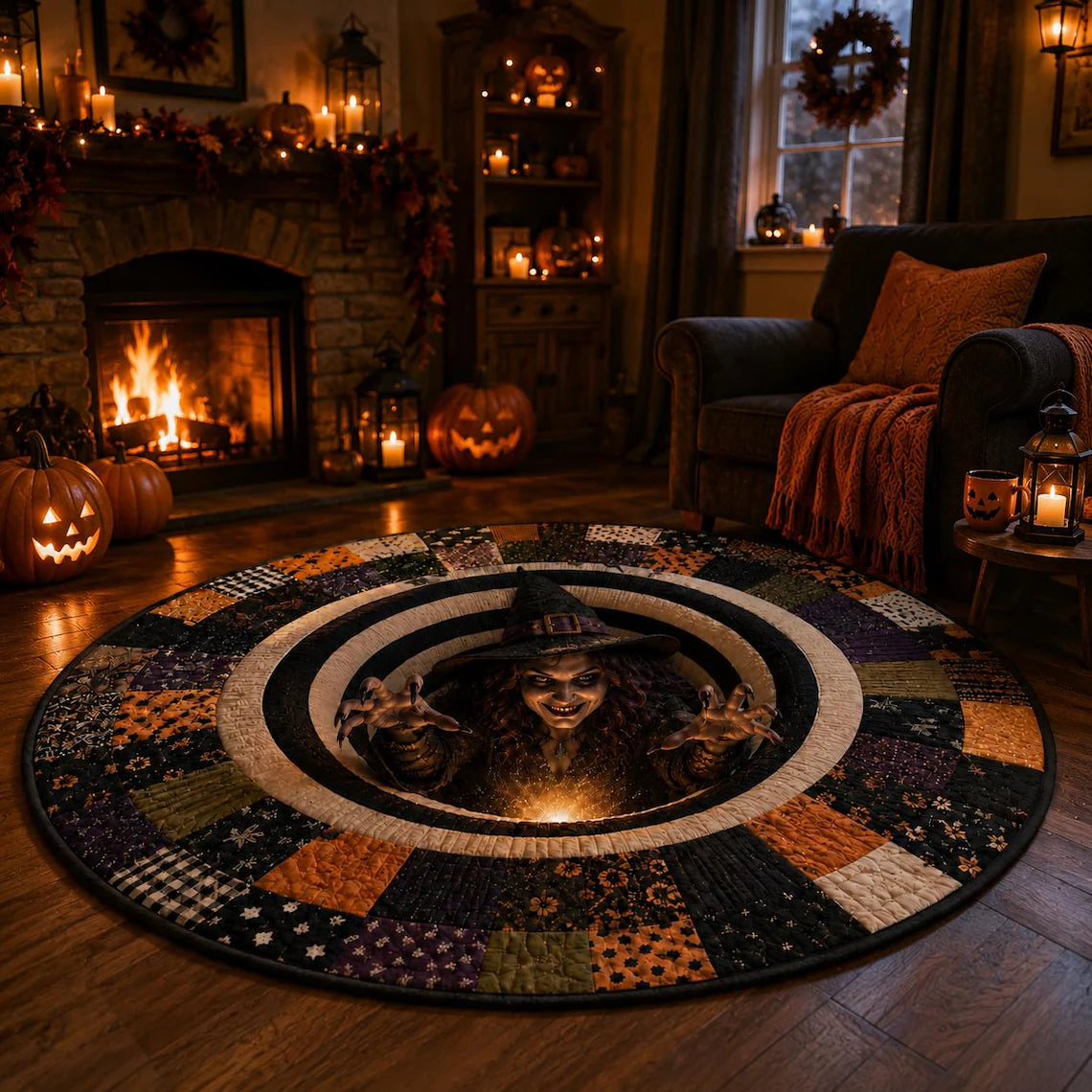 3D Print Witch Halloween Rug, Round Optical Illusion Area Rug, Spooky Witch Floor Mat, Haunted House Decor, Creepy Halloween Home Decor