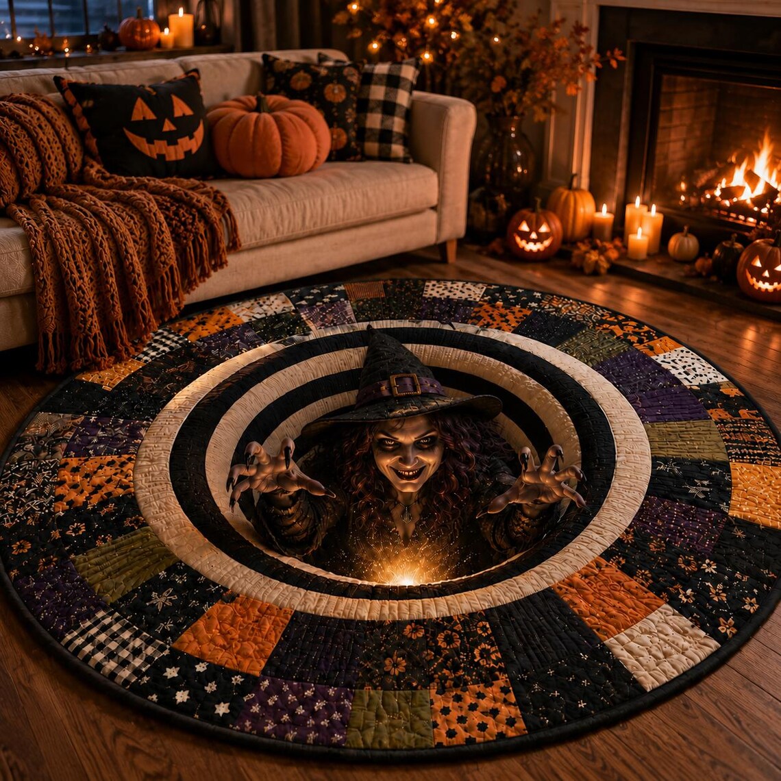 3D Print Witch Halloween Rug, Round Optical Illusion Area Rug, Spooky Witch Floor Mat, Haunted House Decor, Creepy Halloween Home Decor