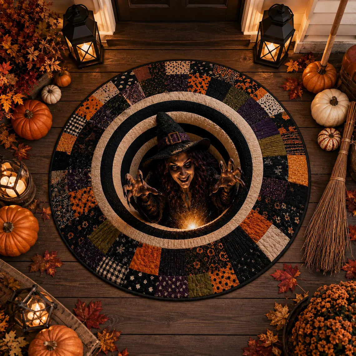 3D Print Witch Halloween Rug, Round Optical Illusion Area Rug, Spooky Witch Floor Mat, Haunted House Decor, Creepy Halloween Home Decor