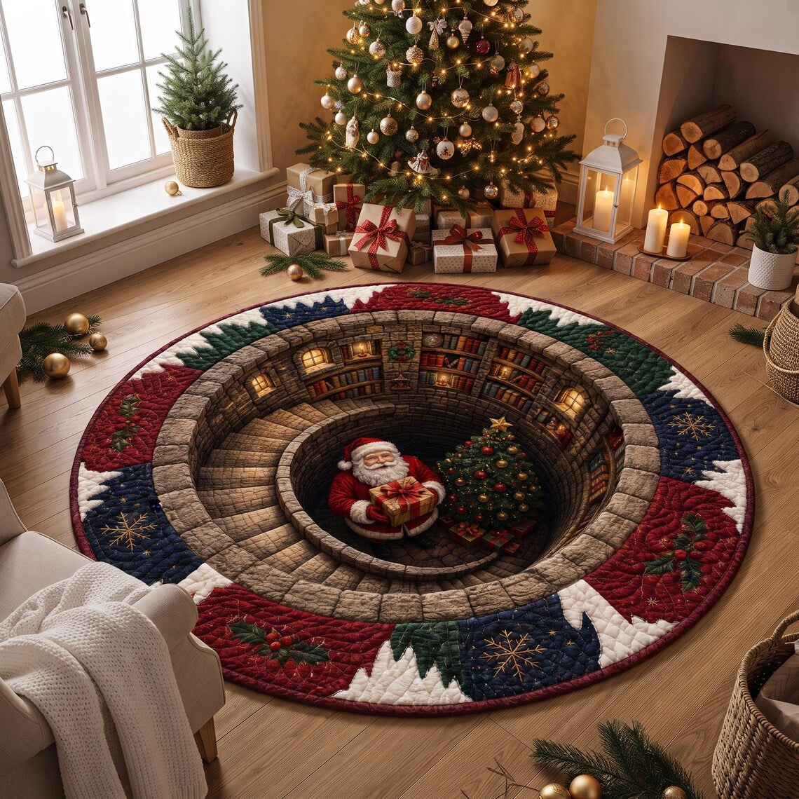 Santa Spiral Staircase 3D Round Rug, Christmas Optical Illusion Floor Mat, Non-Slip Xmas Home Decor, Christmas Gift for Family