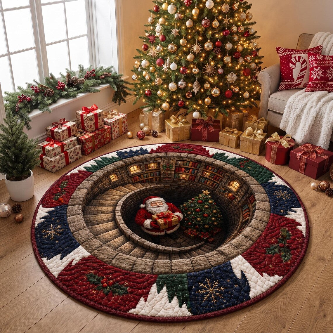 Santa Spiral Staircase 3D Round Rug, Christmas Optical Illusion Floor Mat, Non-Slip Xmas Home Decor, Christmas Gift for Family