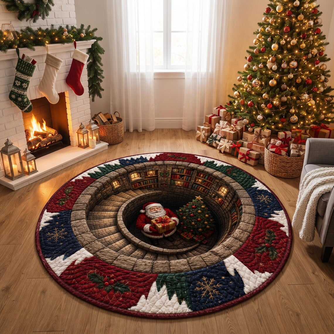 Santa Spiral Staircase 3D Round Rug, Christmas Optical Illusion Floor Mat, Non-Slip Xmas Home Decor, Christmas Gift for Family