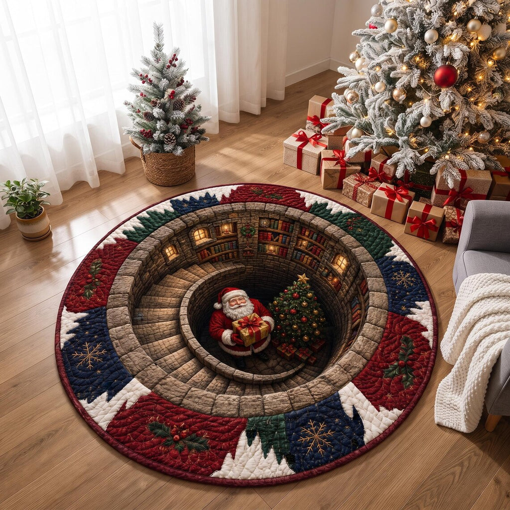 Santa Spiral Staircase 3D Round Rug, Christmas Optical Illusion Floor Mat, Non-Slip Xmas Home Decor, Christmas Gift for Family