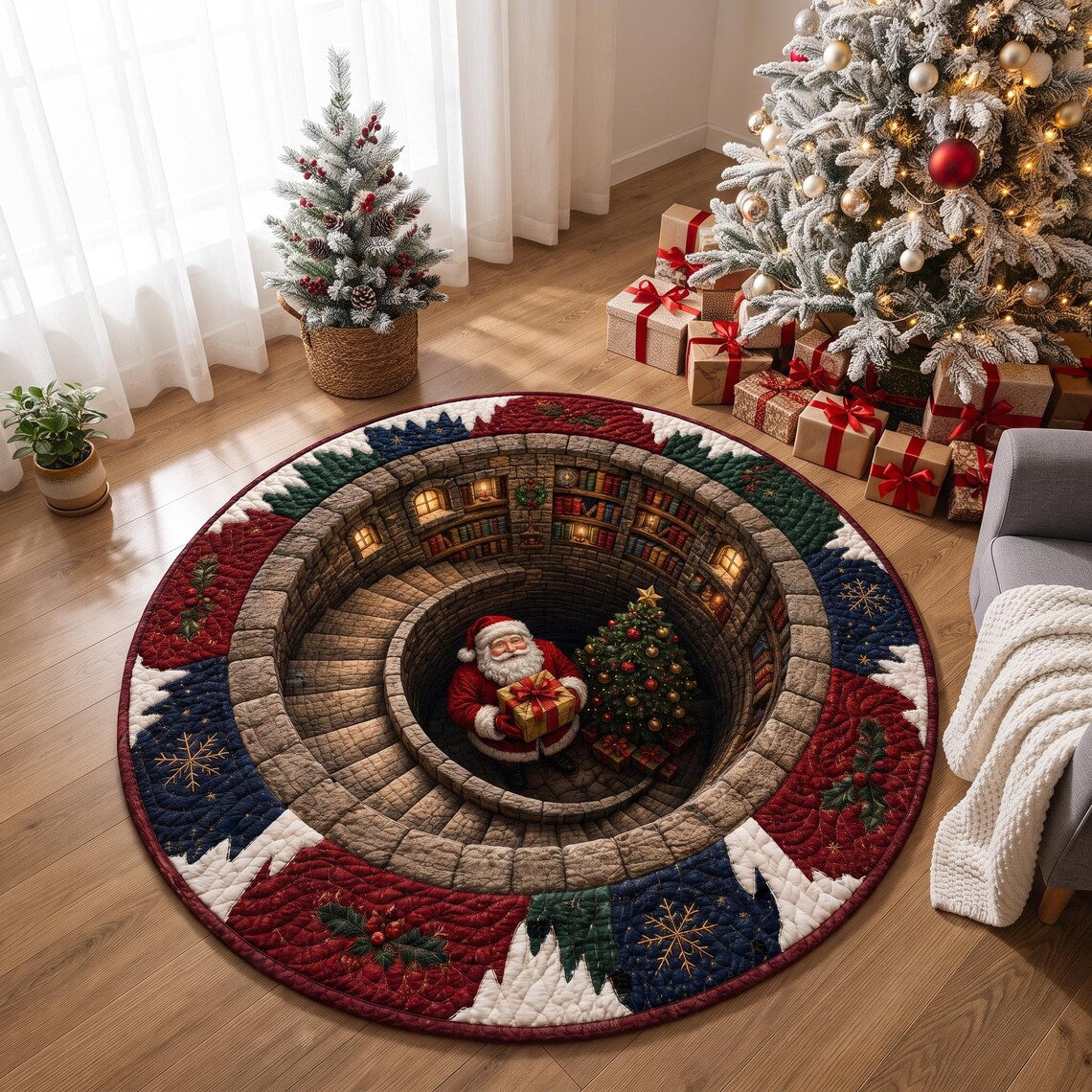 Santa Spiral Staircase 3D Round Rug, Christmas Optical Illusion Floor Mat, Non-Slip Xmas Home Decor, Christmas Gift for Family