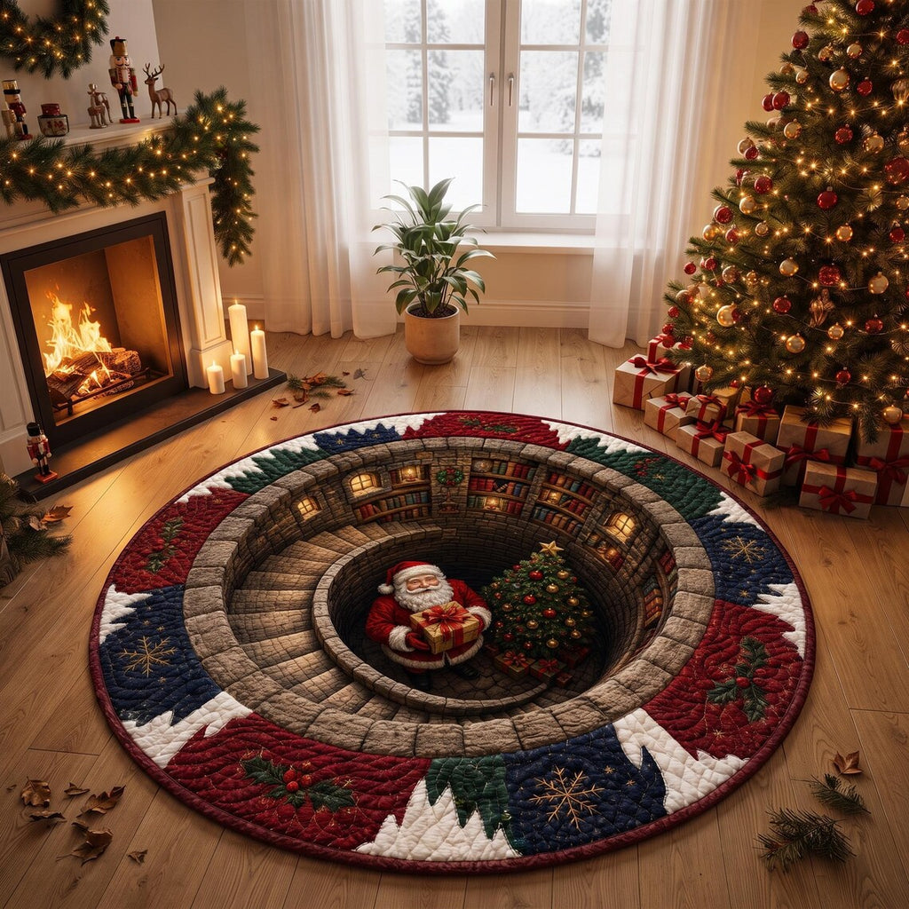 Santa Spiral Staircase 3D Round Rug, Christmas Optical Illusion Floor Mat, Non-Slip Xmas Home Decor, Christmas Gift for Family