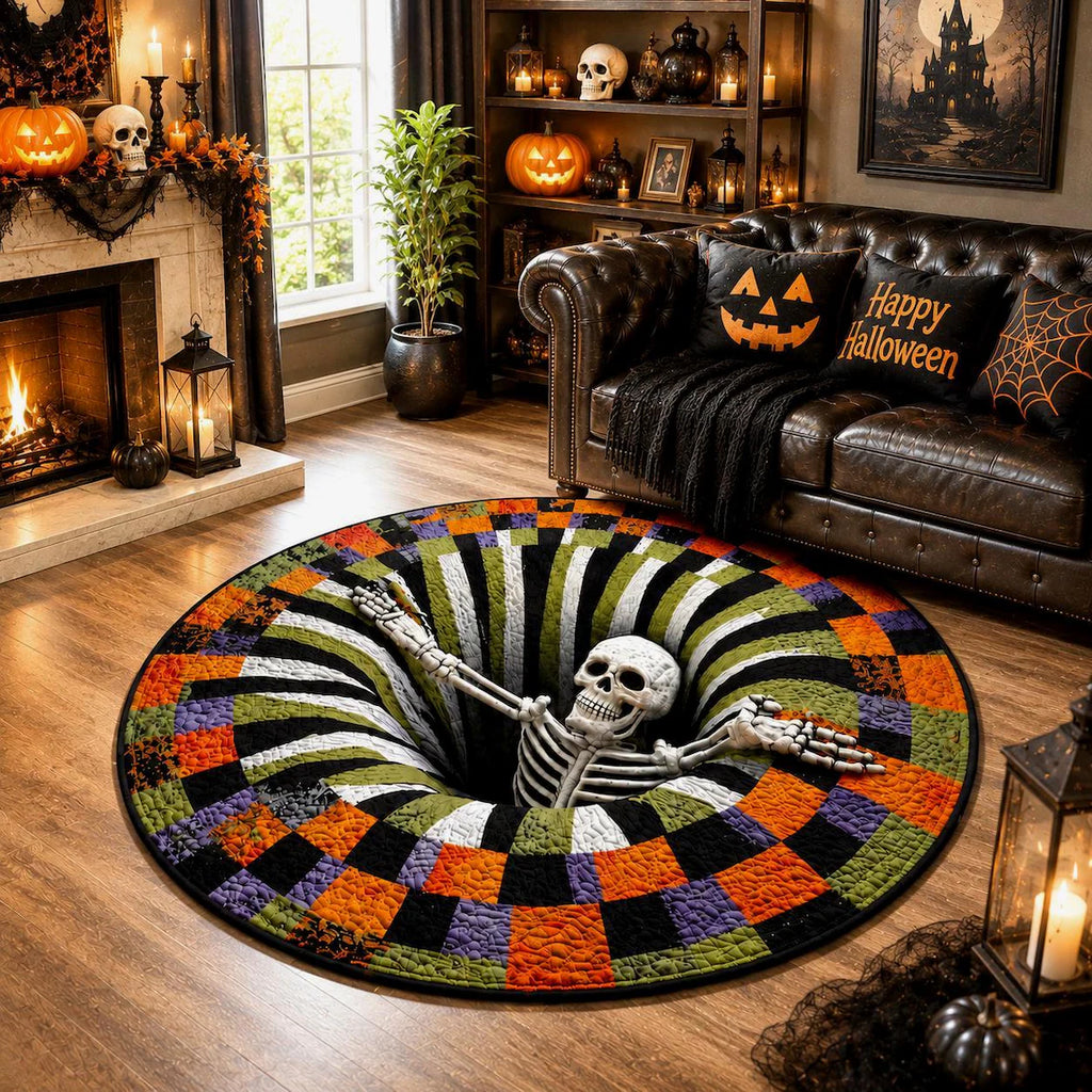 3D Skeleton Optical Halloween Illusion Rug, Round Spooky Floor Mat Gift, Goth Decor
