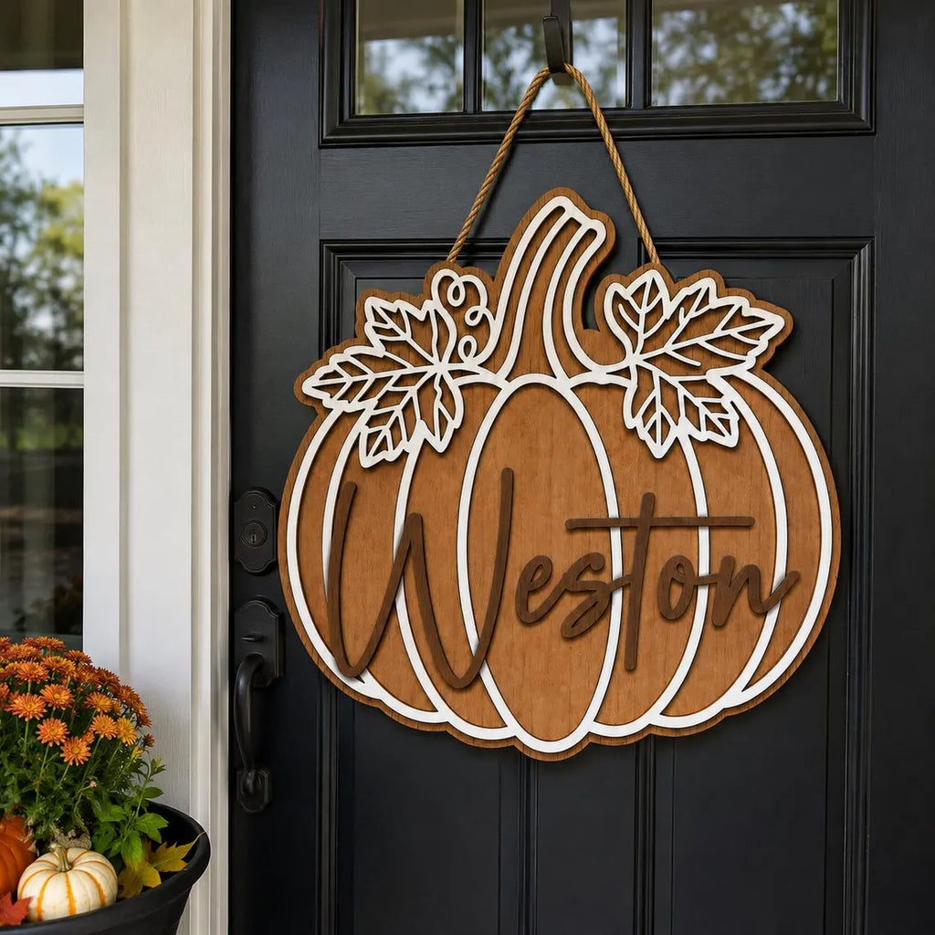 Personalized Pumpkin Door Hanger, Fall Wreath, Autumn Front Door Decor, Wooden Pumpkin Sign, Thanksgiving Decor, Housewarming Gift