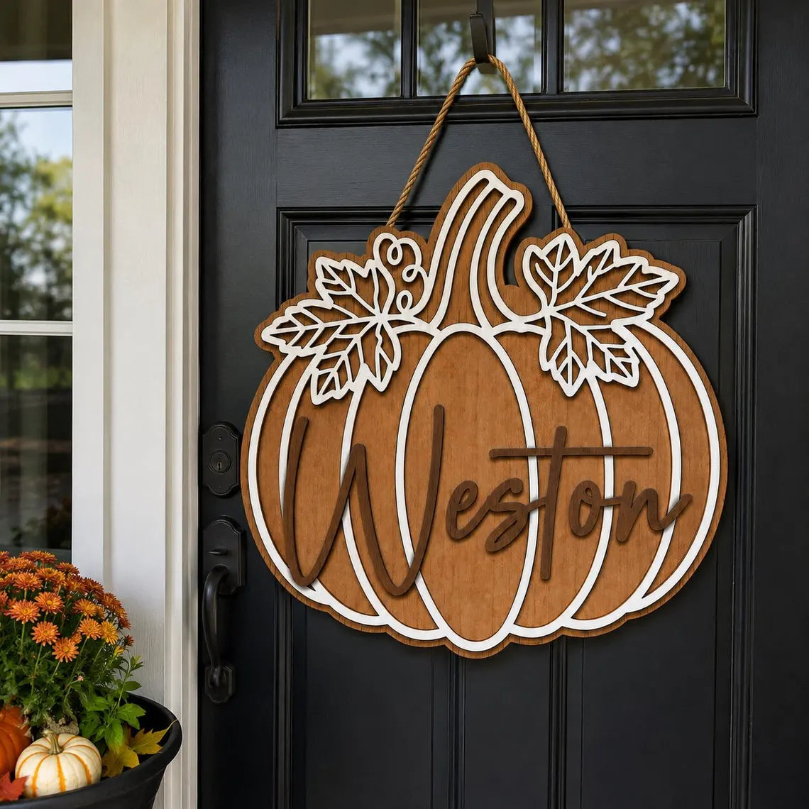 Personalized Pumpkin Door Hanger, Fall Wreath, Autumn Front Door Decor, Wooden Pumpkin Sign, Thanksgiving Decor, Housewarming Gift