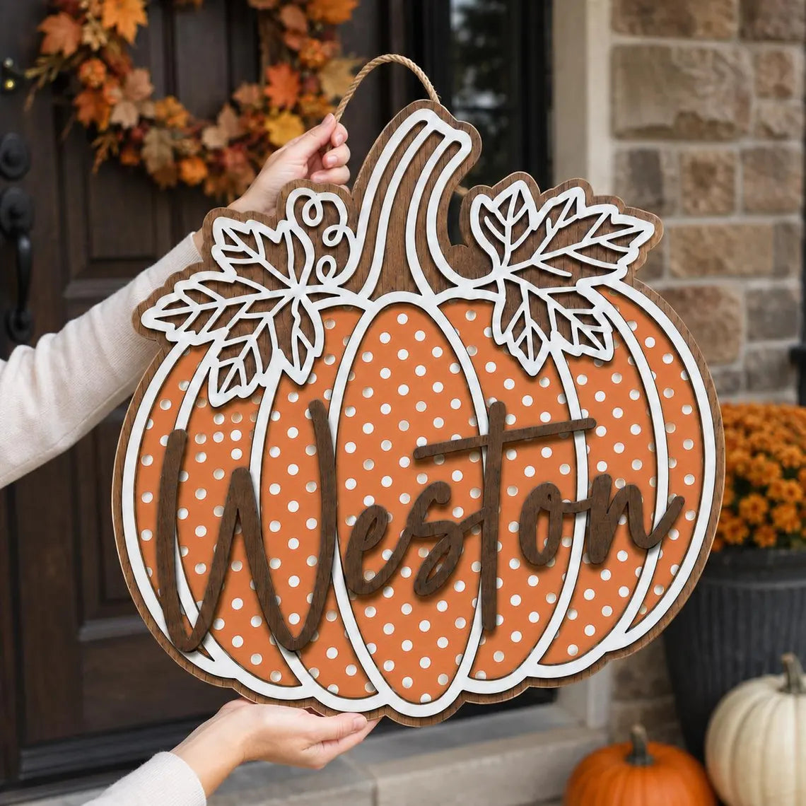 Personalized Pumpkin Door Hanger, Fall Wreath, Autumn Front Door Decor, Wooden Pumpkin Sign, Thanksgiving Decor, Housewarming Gift