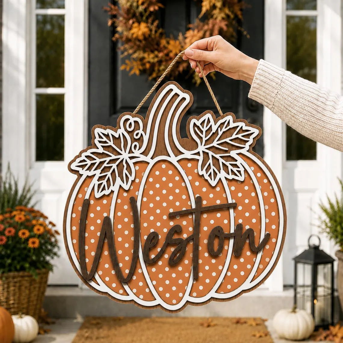 Personalized Pumpkin Door Hanger, Fall Wreath, Autumn Front Door Decor, Wooden Pumpkin Sign, Thanksgiving Decor, Housewarming Gift