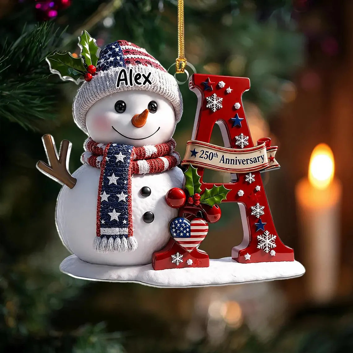 Personalized Patriotic Snowman Ornament, Custom Name Monogram Acrylic 2D Flat Tree Decor, USA 250th Anniversary Christmas Keepsake Gift