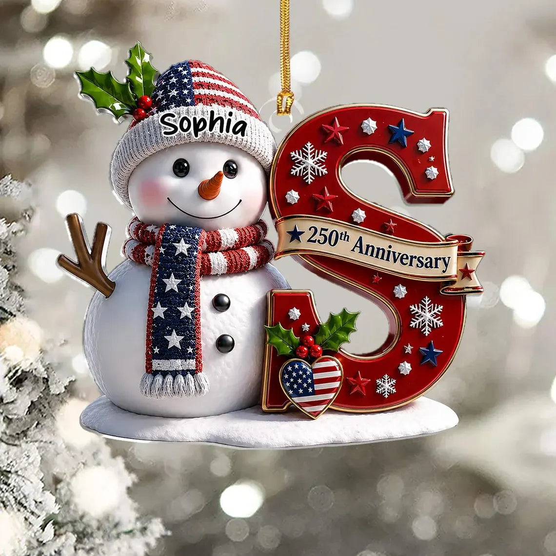 Personalized Patriotic Snowman Ornament, Custom Name Monogram Acrylic 2D Flat Tree Decor, USA 250th Anniversary Christmas Keepsake Gift