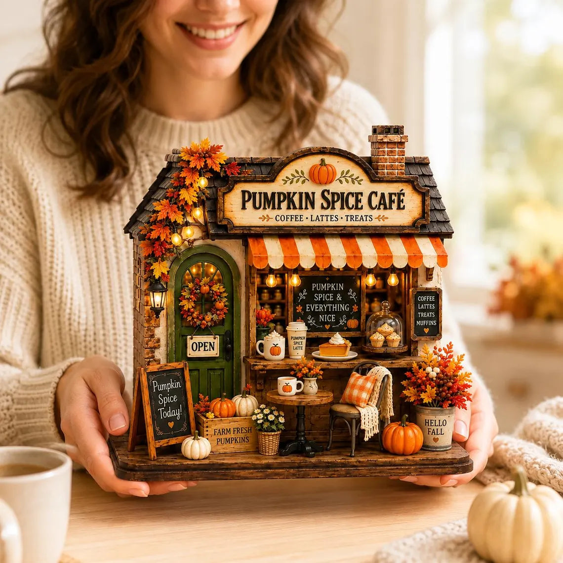 2D Print Autumn Coffee Shop Wooden Block, Custom Fall Café Shelf Decor, Rustic Harvest Village House, Cozy Thanksgiving Gift