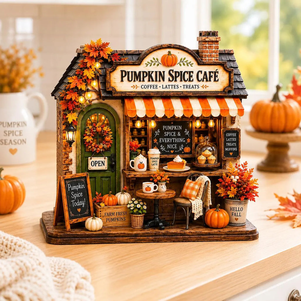2D Print Autumn Coffee Shop Wooden Block, Custom Fall Café Shelf Decor, Rustic Harvest Village House, Cozy Thanksgiving Gift