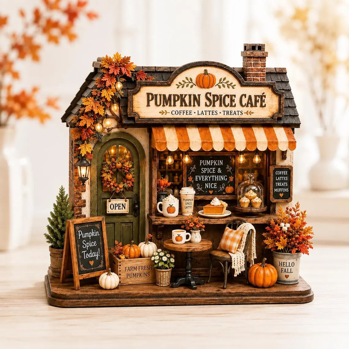 2D Print Autumn Coffee Shop Wooden Block, Custom Fall Café Shelf Decor, Rustic Harvest Village House, Cozy Thanksgiving Gift