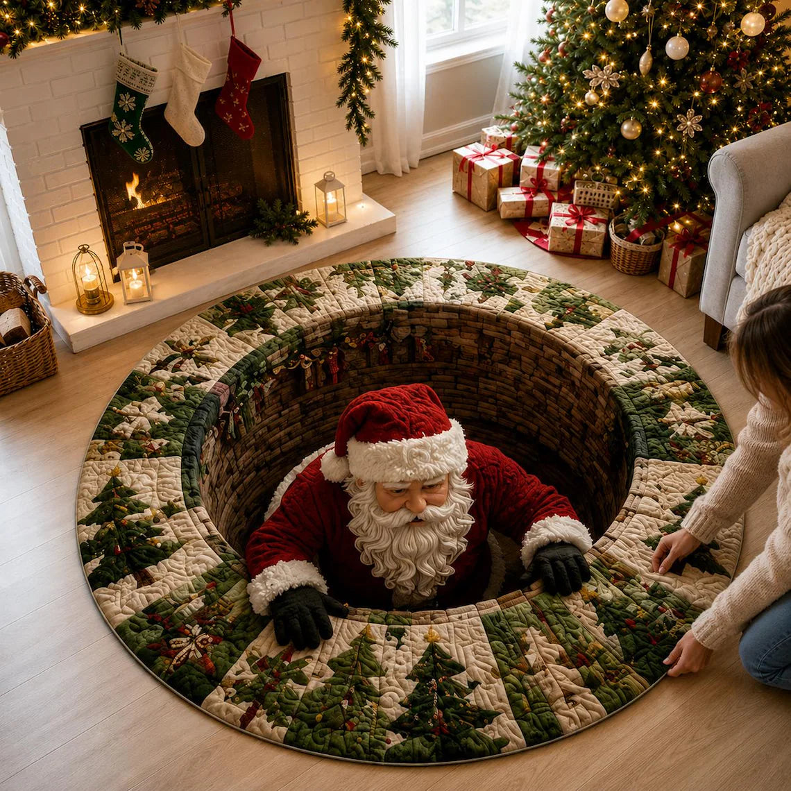 Santa Claus 3D Print Illusion Round Rug, Spiral Staircase Christmas Vortex Floor Mat, Non Slip Xmas Area Rug, Holiday Home Decor Gift
