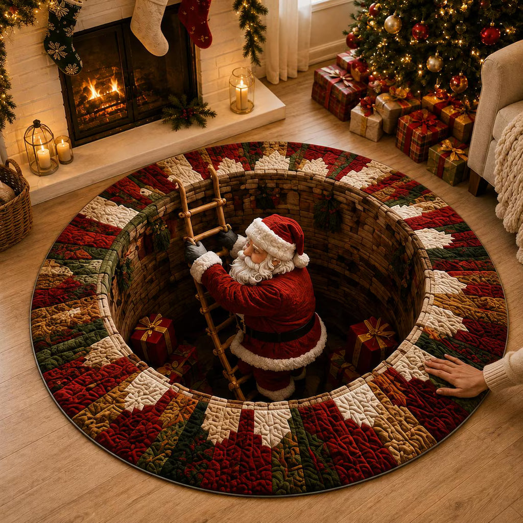 Santa Claus 3D Print Illusion Round Rug, Spiral Staircase Christmas Vortex Floor Mat, Non Slip Xmas Area Rug, Holiday Home Decor Gift