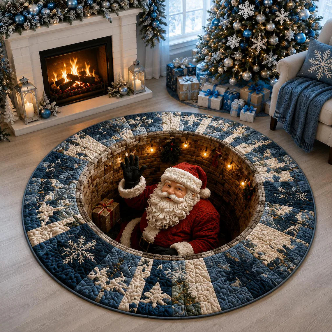 Santa Claus 3D Print Illusion Round Rug, Spiral Staircase Christmas Vortex Floor Mat, Non Slip Xmas Area Rug, Holiday Home Decor Gift