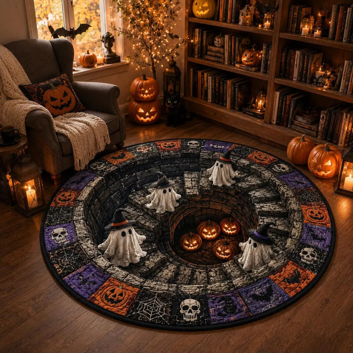 3D Illusion Skull Vortex Round Rug, Halloween Horror Skeleton Carpet, Non Slip Floor Mat, Living Room Bedroom Decor, Spooky Gift,3D Skeleton