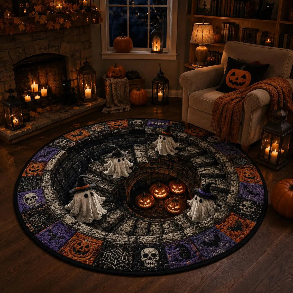 3D Illusion Skull Vortex Round Rug, Halloween Horror Skeleton Carpet, Non Slip Floor Mat, Living Room Bedroom Decor, Spooky Gift,3D Skeleton