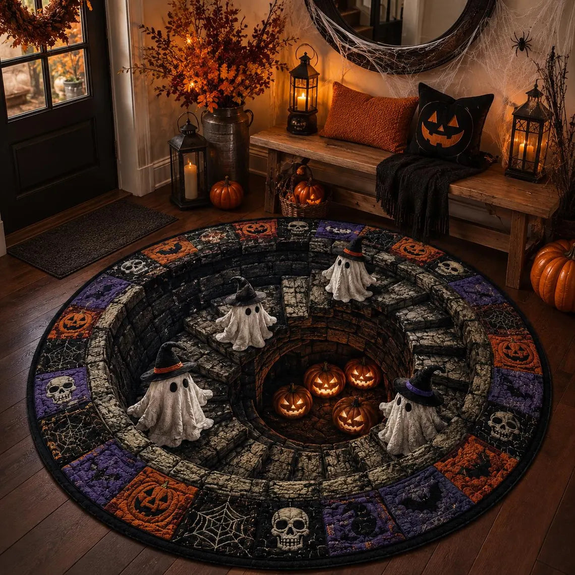 3D Illusion Skull Vortex Round Rug, Halloween Horror Skeleton Carpet, Non Slip Floor Mat, Living Room Bedroom Decor, Spooky Gift,3D Skeleton
