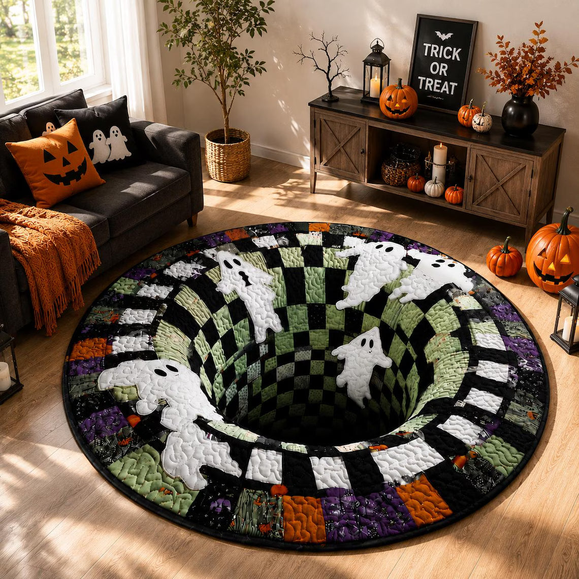 Spooky Halloween Patchwork Ghost Rug | Round Spooky Floor Mat Gift, Goth Decor