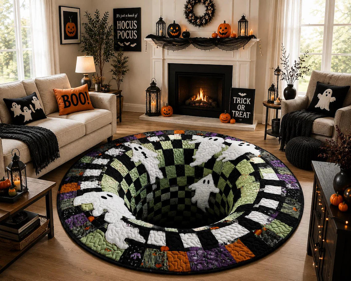 Spooky Halloween Patchwork Ghost Rug | Round Spooky Floor Mat Gift, Goth Decor