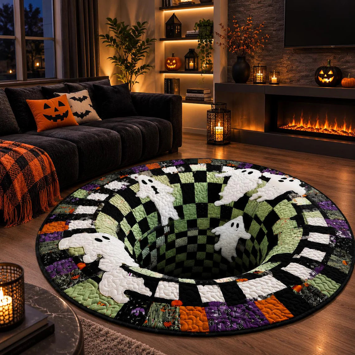 Spooky Halloween Patchwork Ghost Rug | Round Spooky Floor Mat Gift, Goth Decor