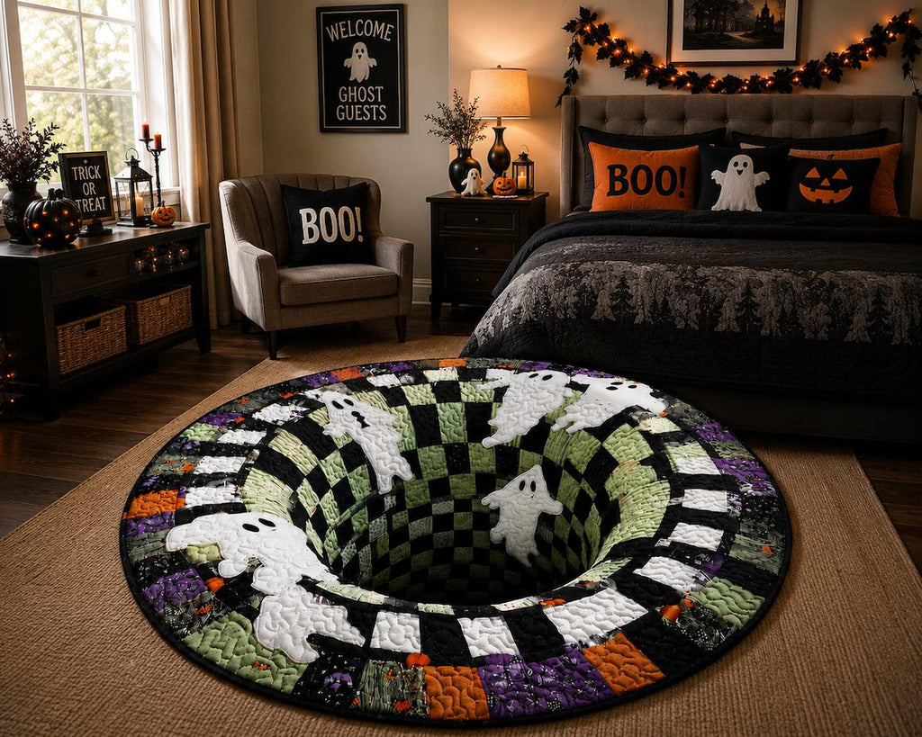 Spooky Halloween Patchwork Ghost Rug | Round Spooky Floor Mat Gift, Goth Decor